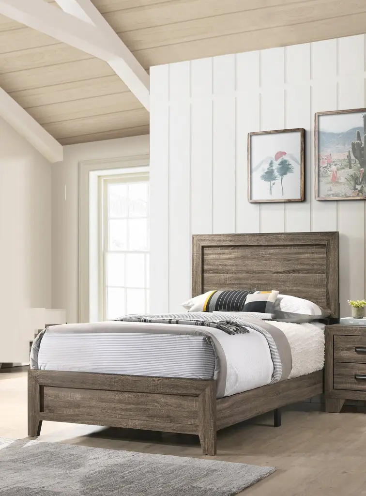 Grey Finish Fabric 1 Piece Twin Size Panel Bed Wooden Bedroom Furniture kanepe