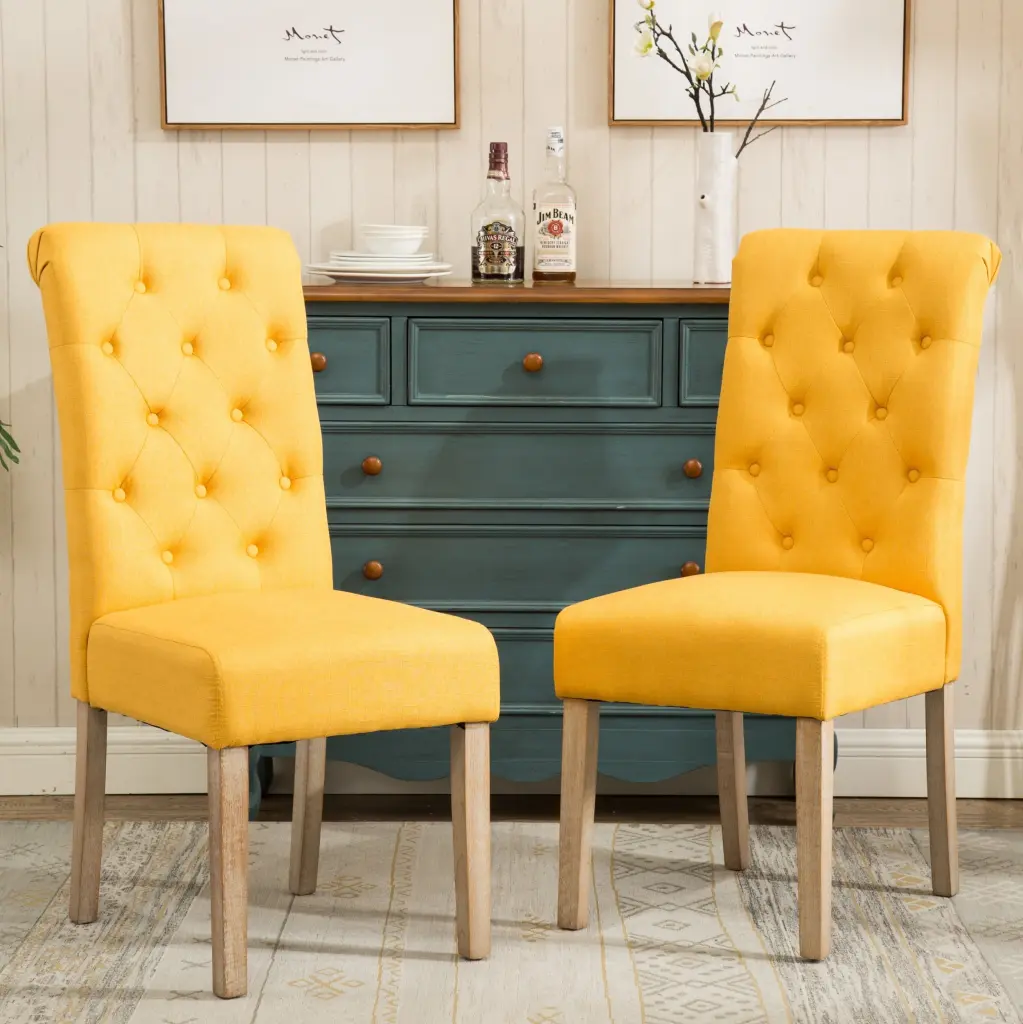 Habit Solid Wood Tufted Parsons Dining Chair, Set 2, Yellow Upholstery hz
