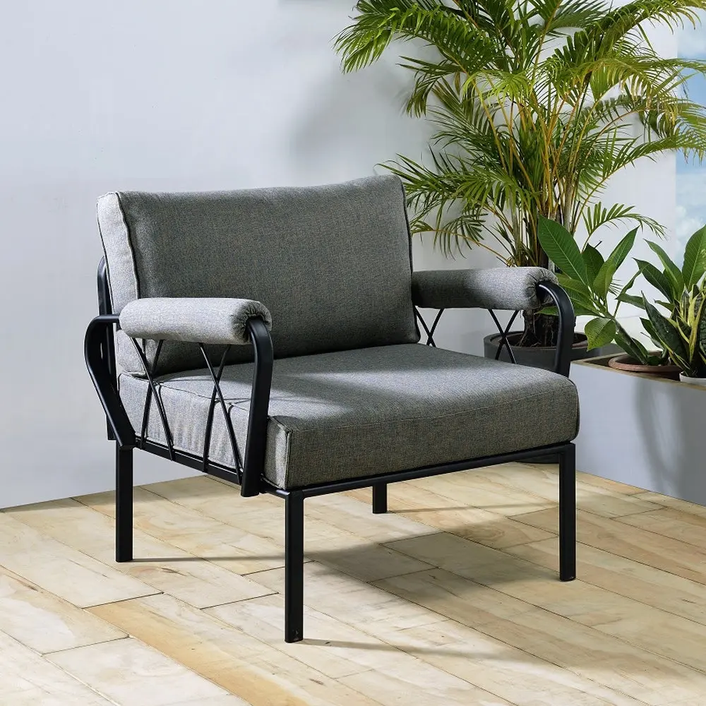 Grey And Black Patio Arm Chair Loose Back Outdoor Garden Furniture furniture max