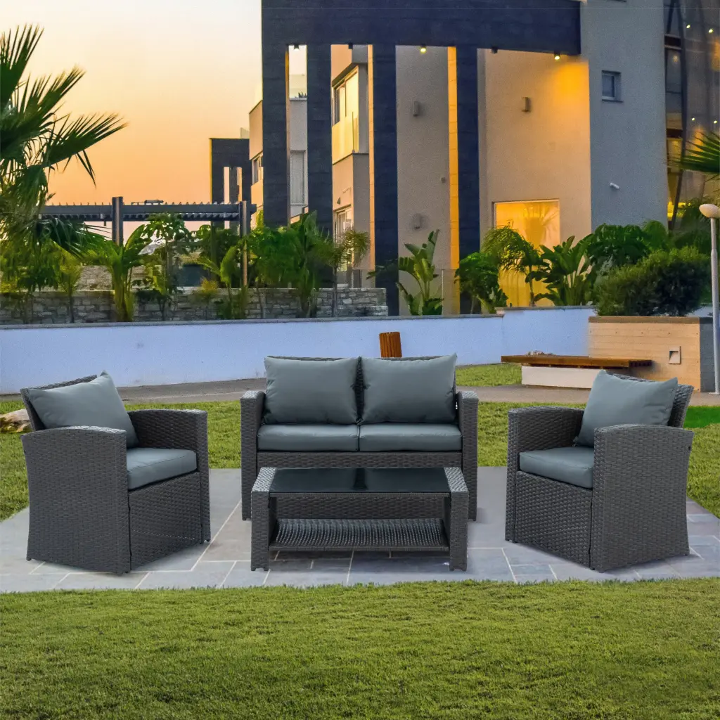 Patio Furniture Sets Dark Gray Seats 4 PE Rattan Iron Waterproof Fabric Outdoor dream honor