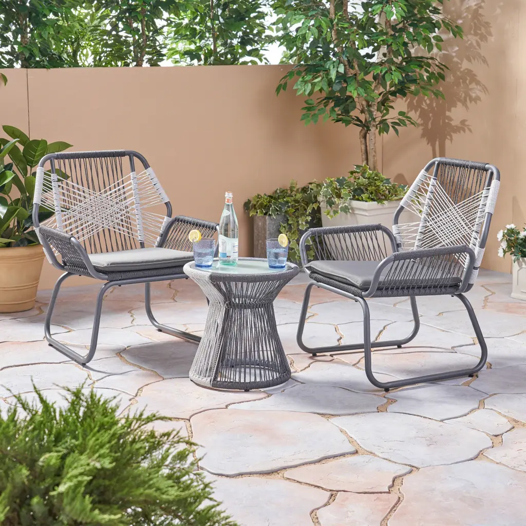 Idaho 3 Piece Chat Set Gray Woven Rope Outdoor Patio Conversation Set nh-kisa