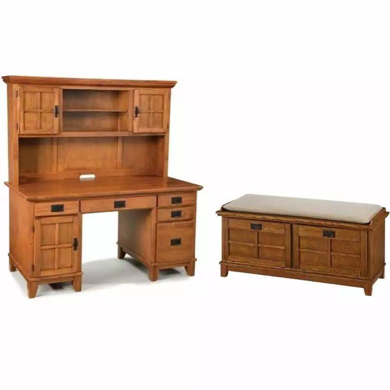 Home Square 2-Piece Pedestal Desk Set Hutch and Storage Bench Brown