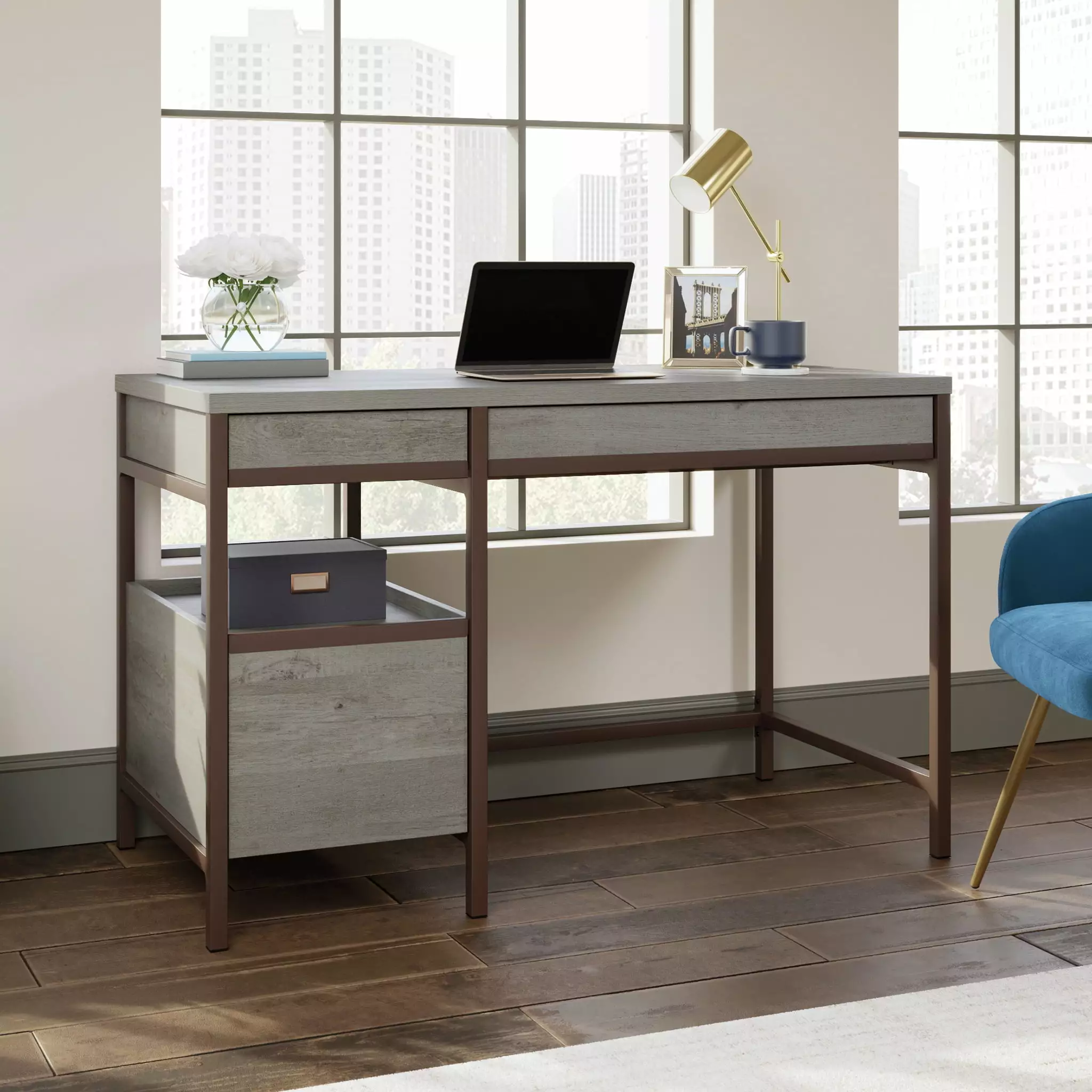 Sauder Manhattan Gate Single Pedestal Desk. Mystic Oak Finish