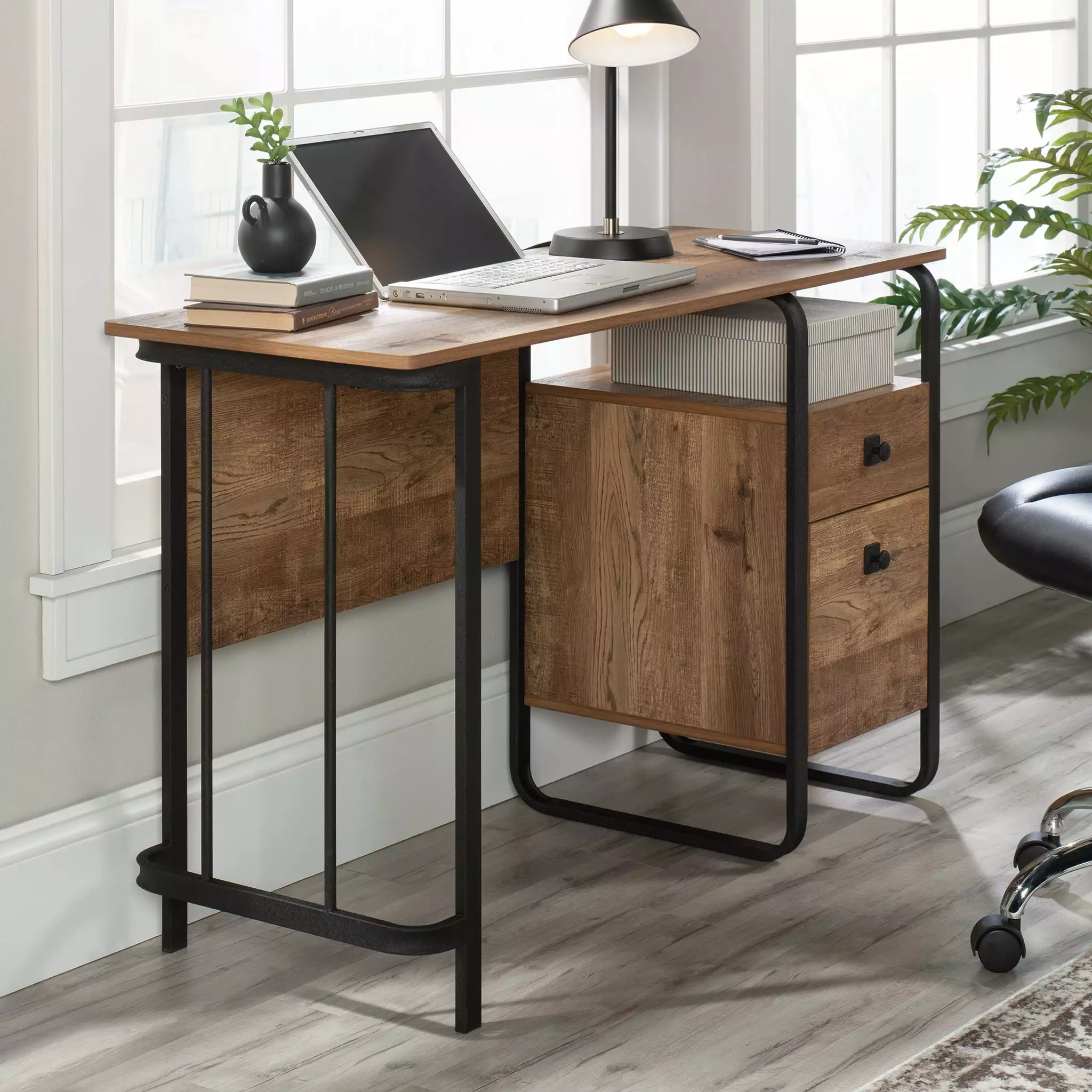 Sauder Station House Single Pedestal Desk Etched Oak Finish