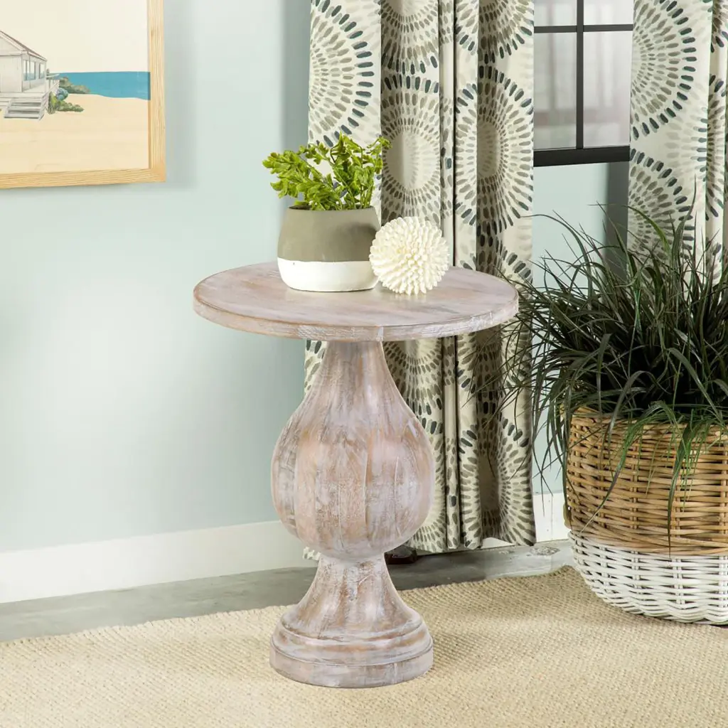 White Washed Pedestal Accent Table Ivory Farmhouse Style furniture max