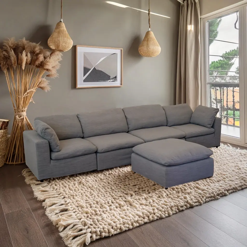 Harper Petite Grey Sectional 5 Seat Configuration Grey Wood Linen - Compact Living Room Sofa american homestead furniture