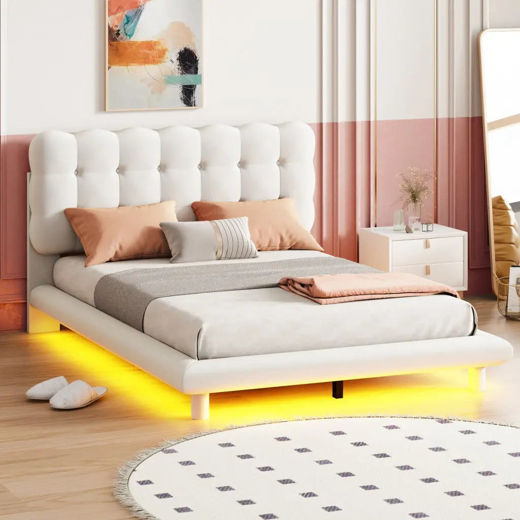 Full Size Velvet Platform Bed LED Frame Thick Soft Fabric Upholstery lucky world
