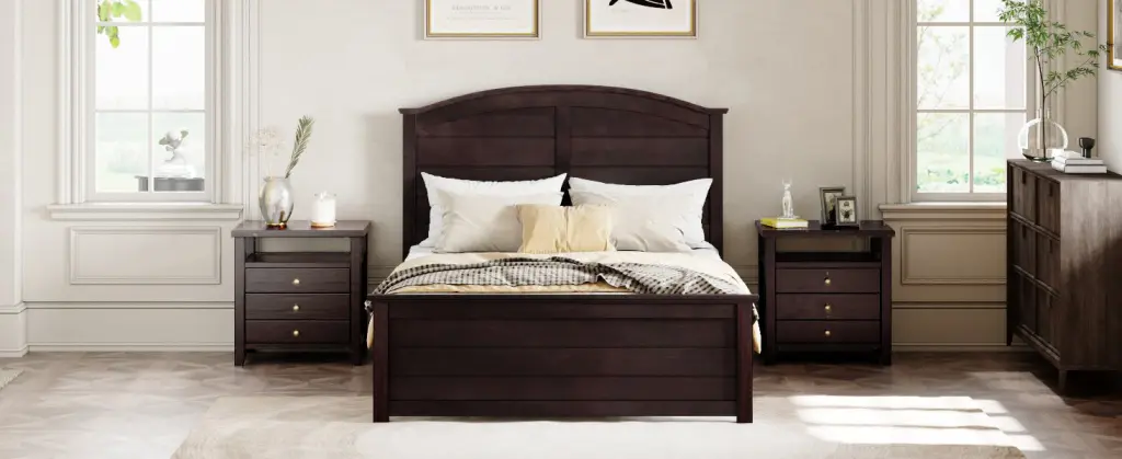 Farmhouse Wooden Platform Full Size Bed Curl Design Headboard bed best