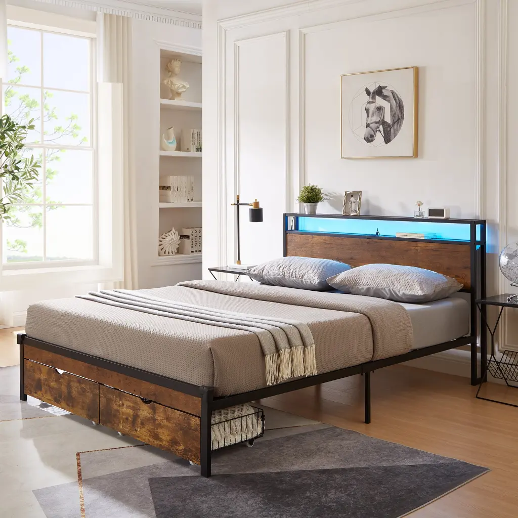 Queen Size Metal Platform Bed Frame Wooden Headboard And Footboard Modern Bedroom Furniture civilfurniture