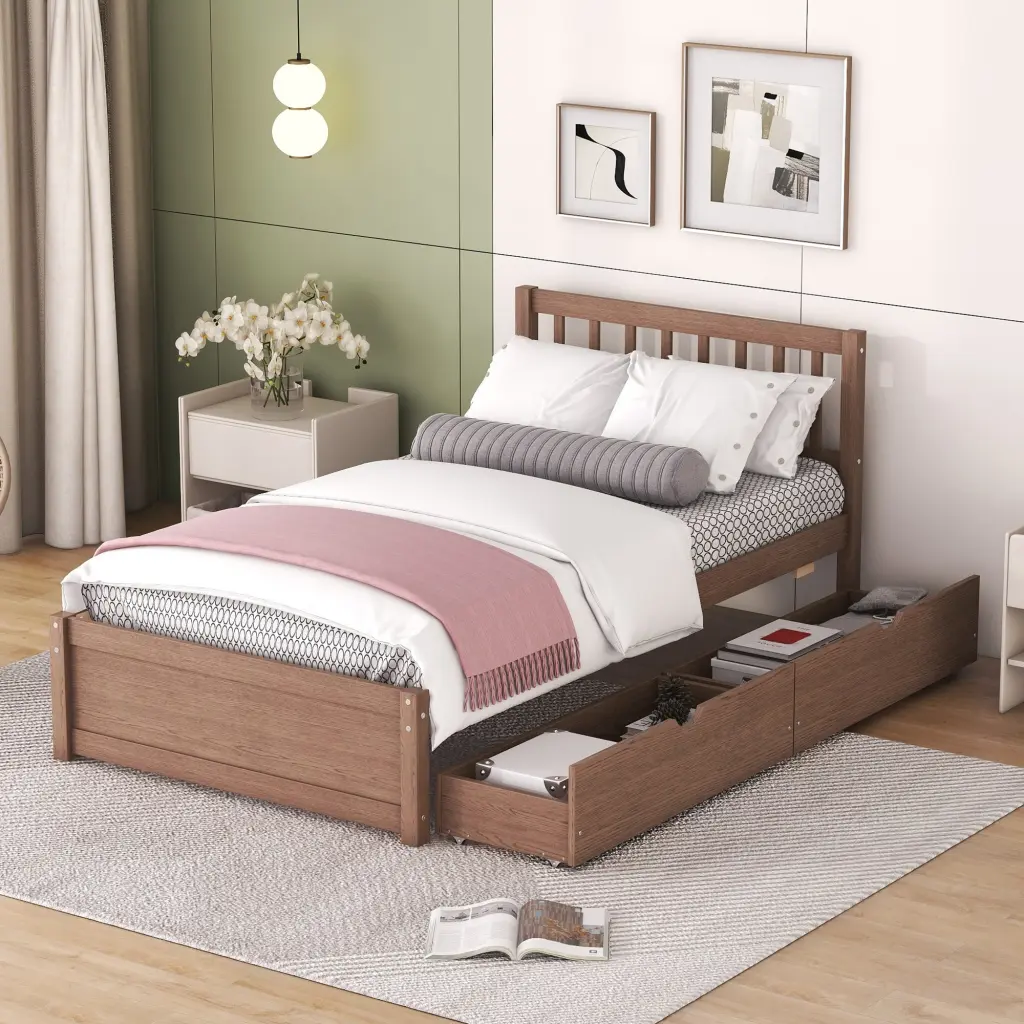 Modern Design Twin Size Platform Bed 2 Drawers Walnut Color fangxing
