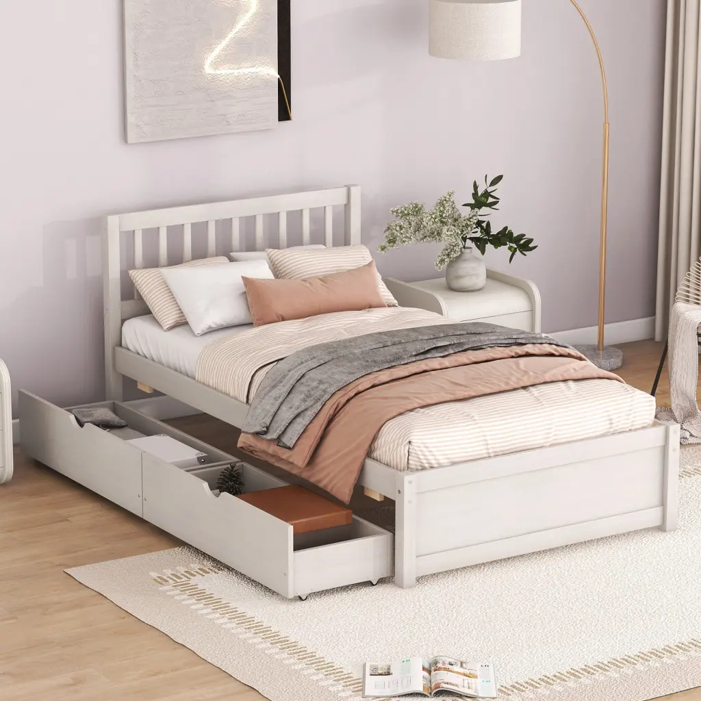 Modern Wooden Twin Size Platform Bed 2 Drawers White Wash Finish fangxing