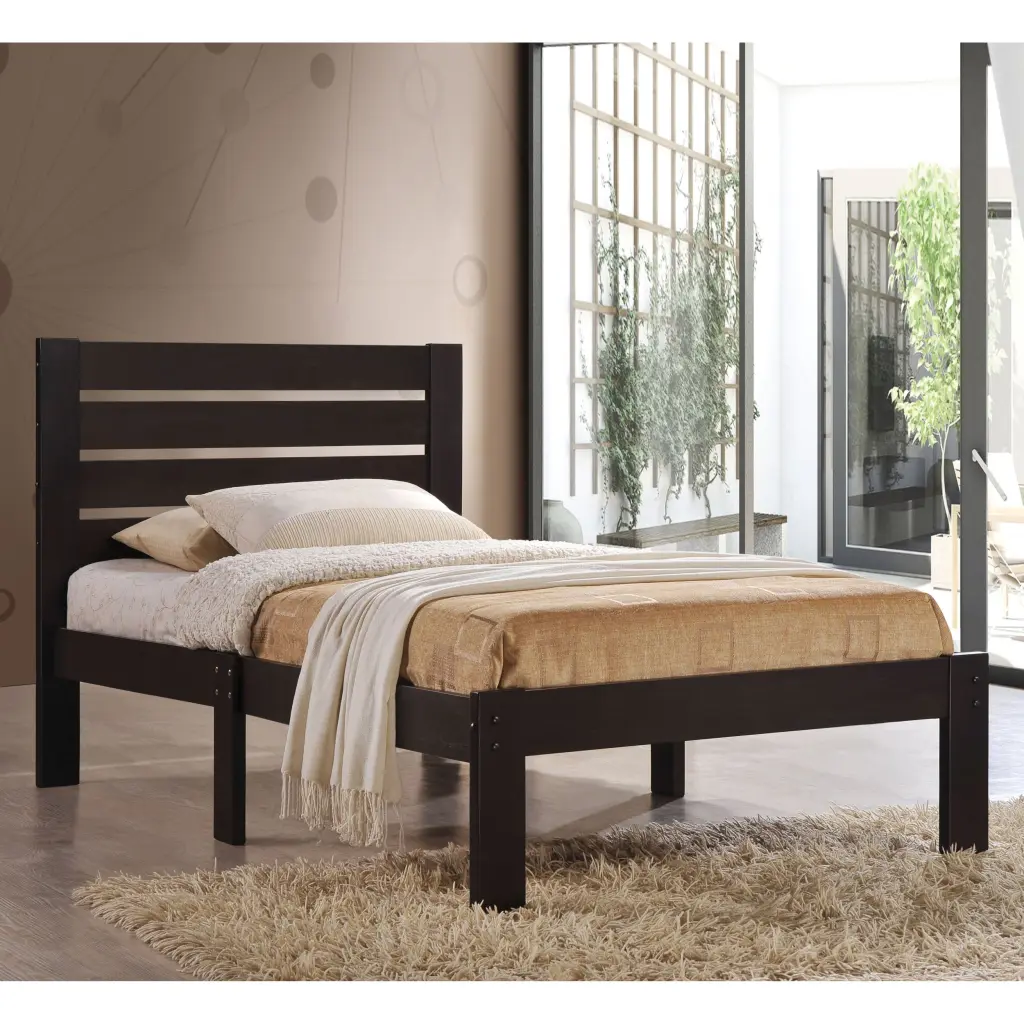 Espresso Platform Bed Slat Headboard Queen Size Wood Frame furniture max