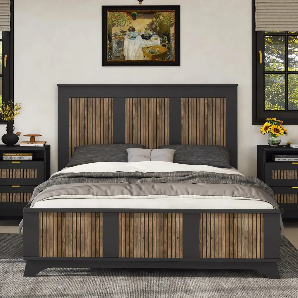 Farmhouse Wooden Platform Queen Size Bed Modern Platform Bed Storage homey life
