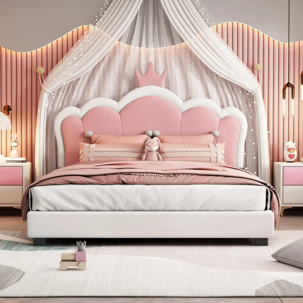 Full Size Upholstered Princess Bed Crown Headboard Platform Bed Frame homey life
