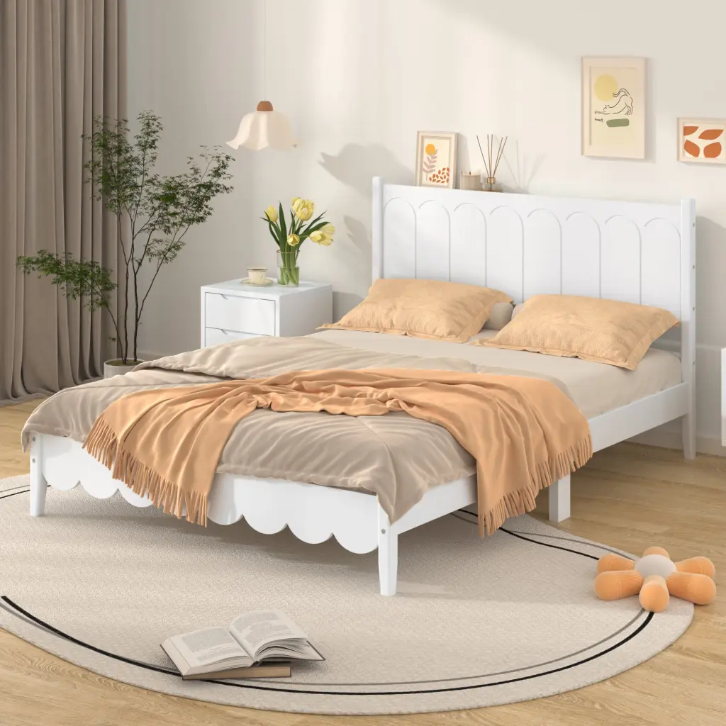 Full Size Wood Platform Bed Frame, Retro Style Bed Rectangular Headboard homey life