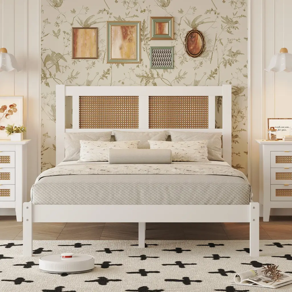 Full Size Wooden Platform Bed Natural Rattan Headboard and Exquisite Design homey life