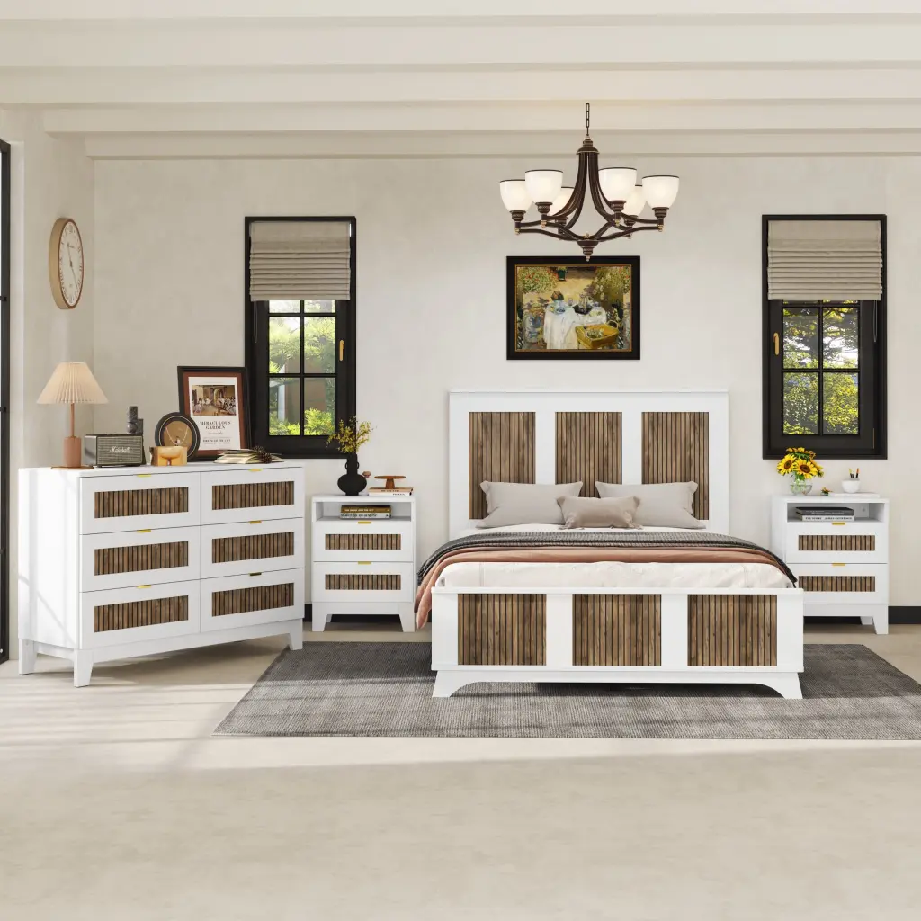 4 Piece Full Size Farmhouse Platform Bedroom Set Wooden Storage homey life