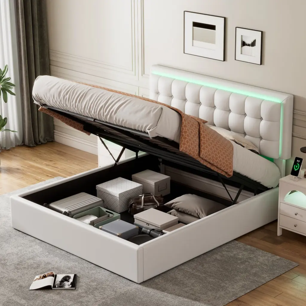 Queen Size Tufted Upholstered Platform Bed Hydraulic Storage System homey life