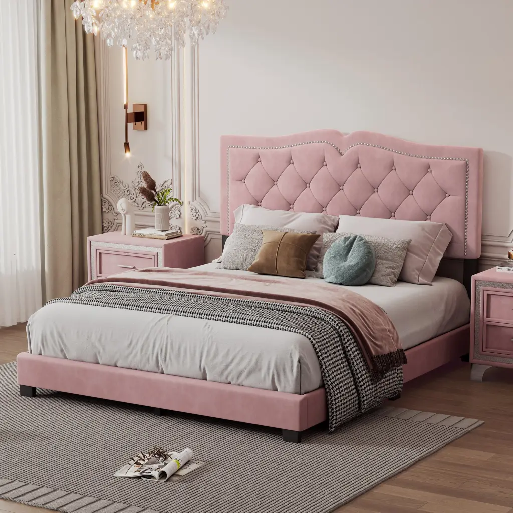 Queen Size Upholstered Bed Frame Rivet Design Modern Velvet Platform Bed homey life