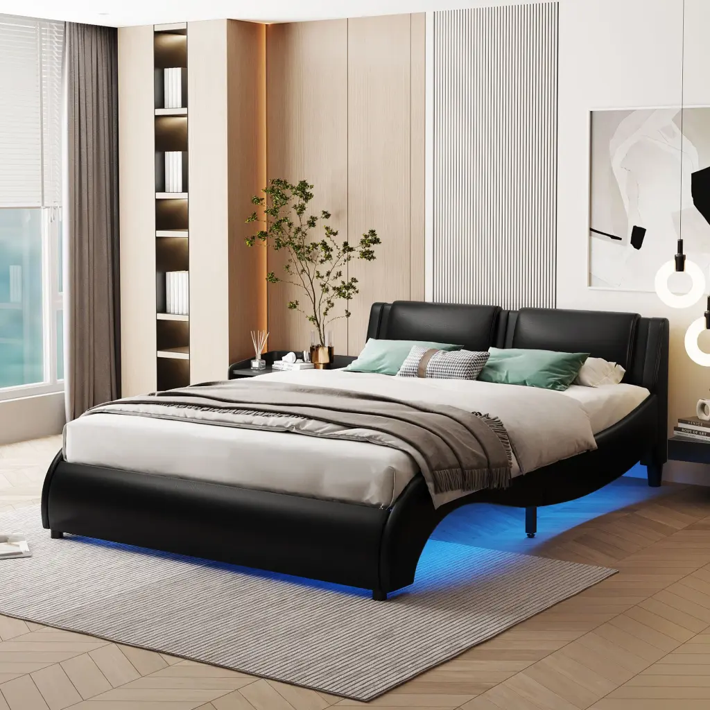 Full Size Upholstered Faux Leather Platform Bed LED Light Bed Frame Modern Design lucky furniture