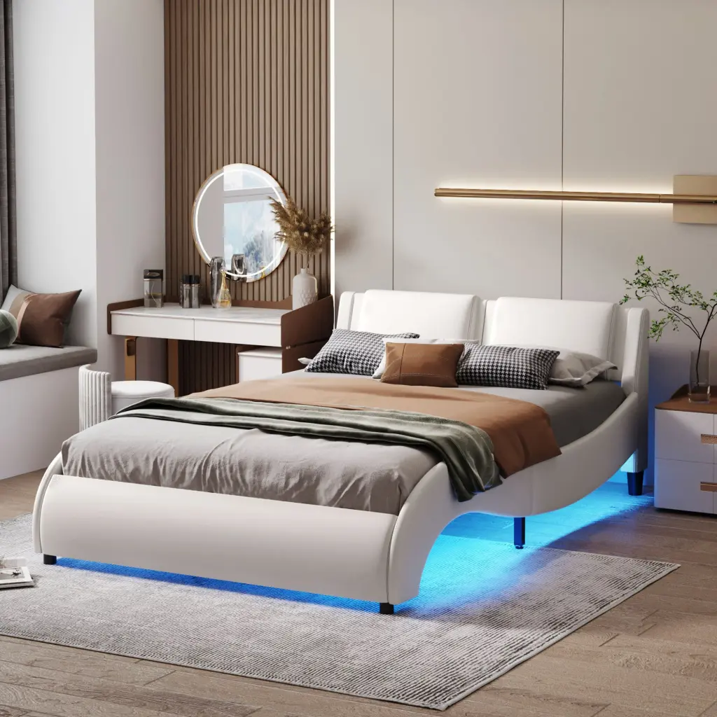 Full Size Upholstered Faux Leather Platform Bed LED Light Bed Frame lucky furniture