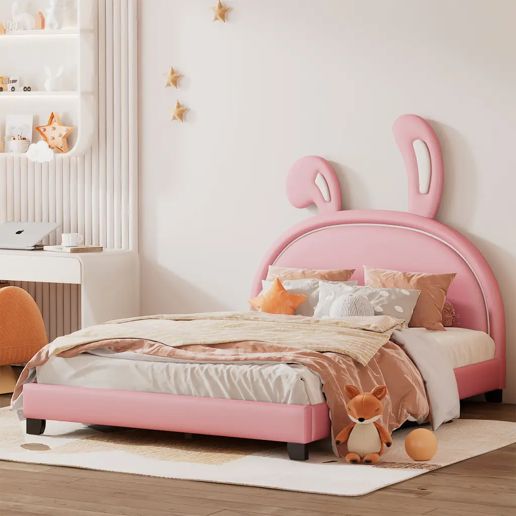 Full Size Upholstered Leather Platform Bed Rabbit Ornament, Pink lucky furniture