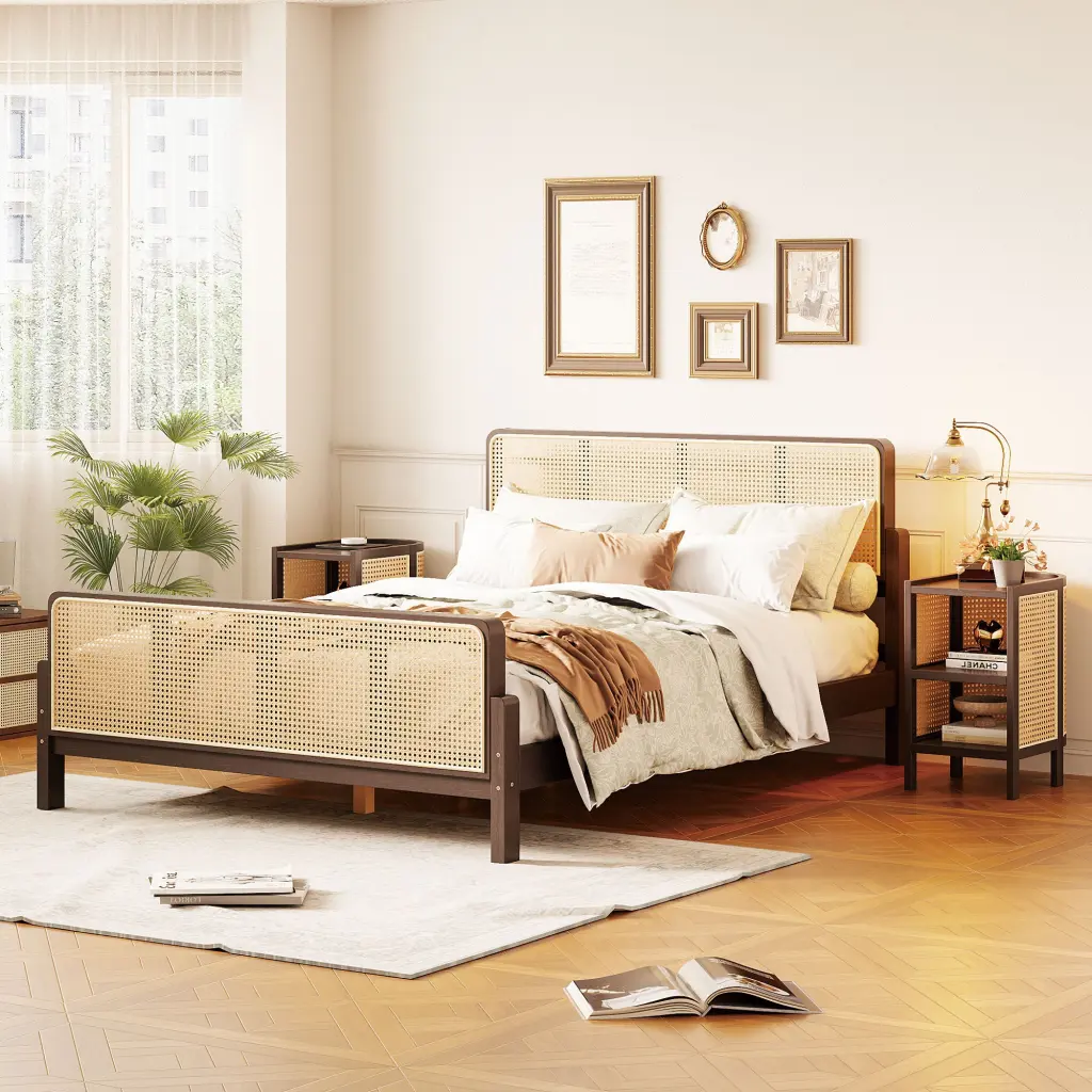 3 Piece Rattan Platform Full Size Bed 2 Nightstands Walnut Finish lucky furniture