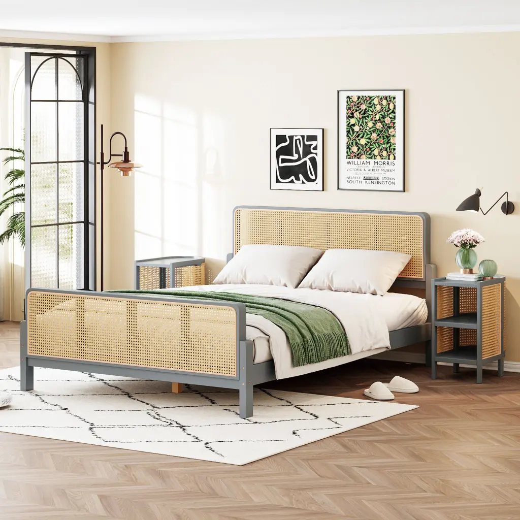 3 Pieces Rattan Platform Full Size Bed 2 Nightstands Gray Rattan lucky furniture