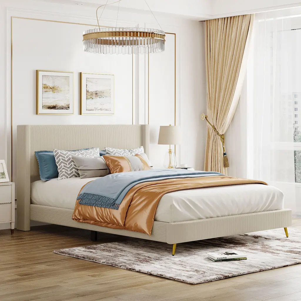 Queen Size Corduroy Platform Bed Metal Legs Beige Bed Frame lucky furniture