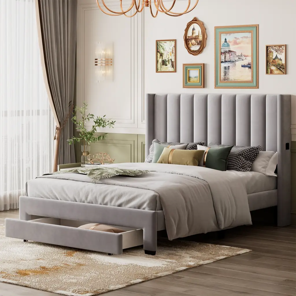 Queen Size Storage Bed Velvet Upholstered Platform Bed Big Drawer lucky furniture