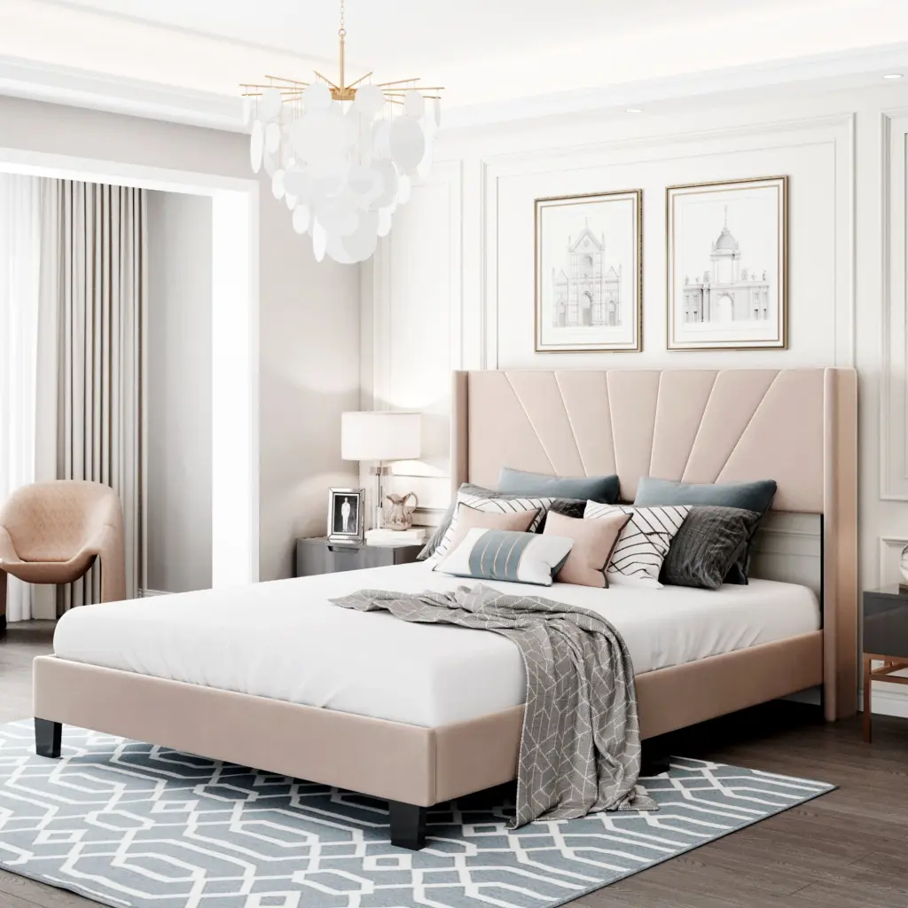 Queen Size Velvet Upholstered Platform Bed Box Spring Needed Beige lucky furniture