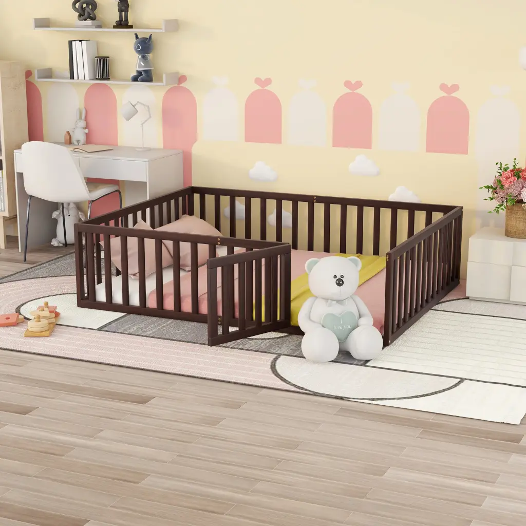 Queen Size Wood Floor Bed Frame Fence And Door Walnut Finish lucky furniture