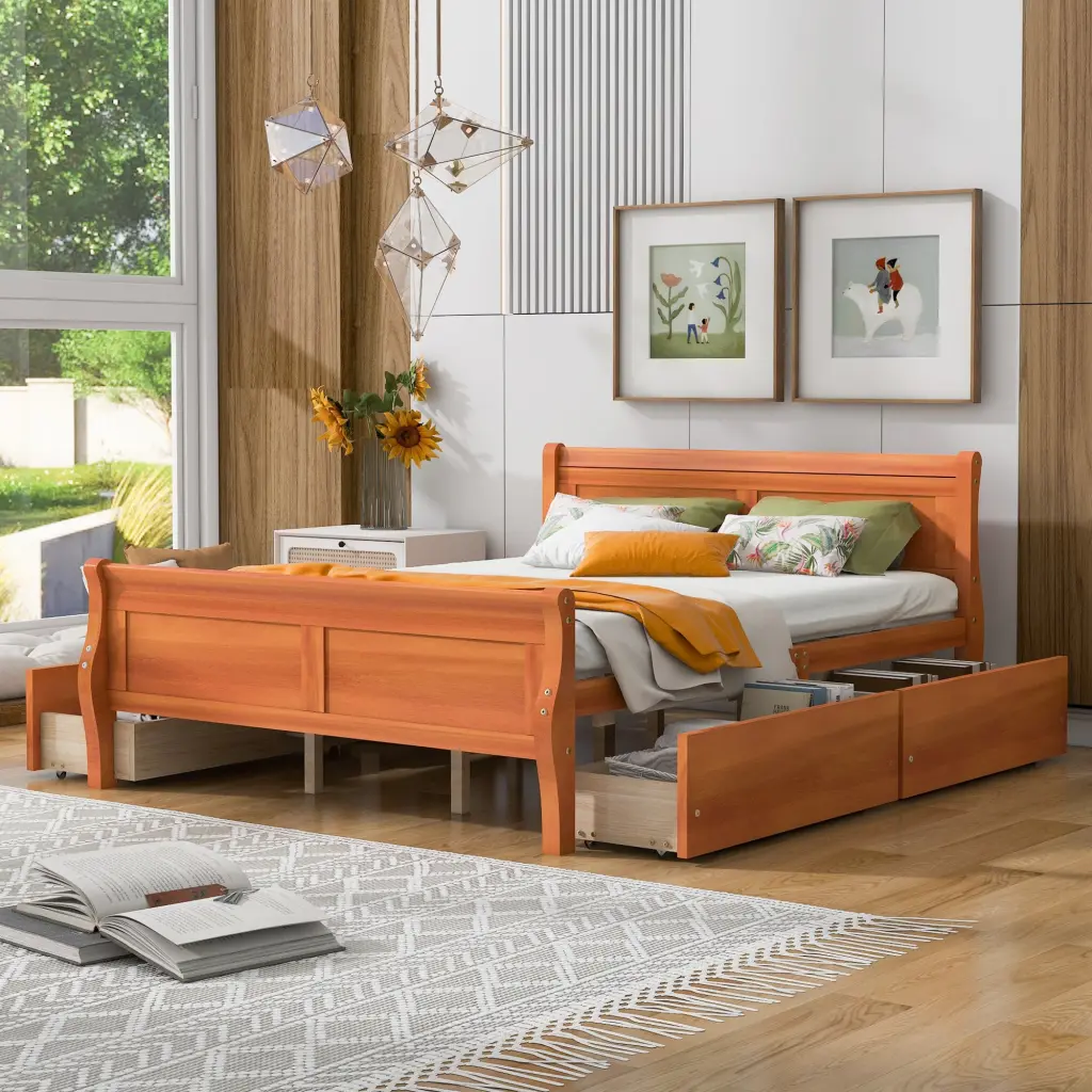 Queen Size Wood Platform Bed 4 Drawers And Simplified Headboard lucky furniture