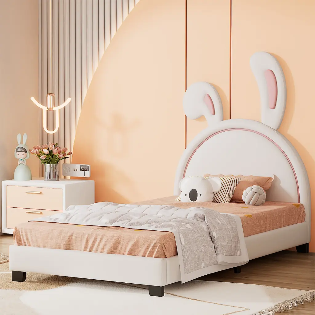 Twin Size Upholstered Leather Platform Bed Rabbit Ornament White lucky furniture