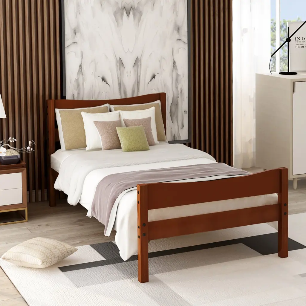 Twin Size Wood Platform Bed Headboard and Wooden Slats Walnut Finish lucky furniture