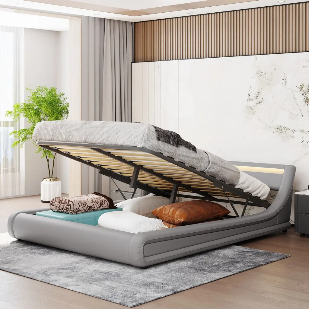 Upholstered Faux Leather Platform Bed Hydraulic Storage System lucky furniture