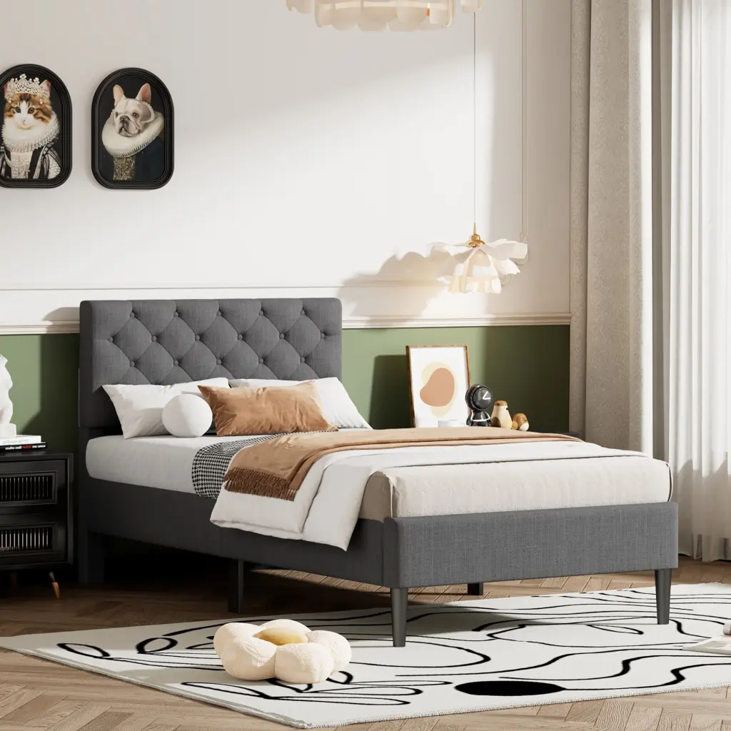 Upholstered Linen Platform Bed, Twin Size, Gray Linen lucky furniture