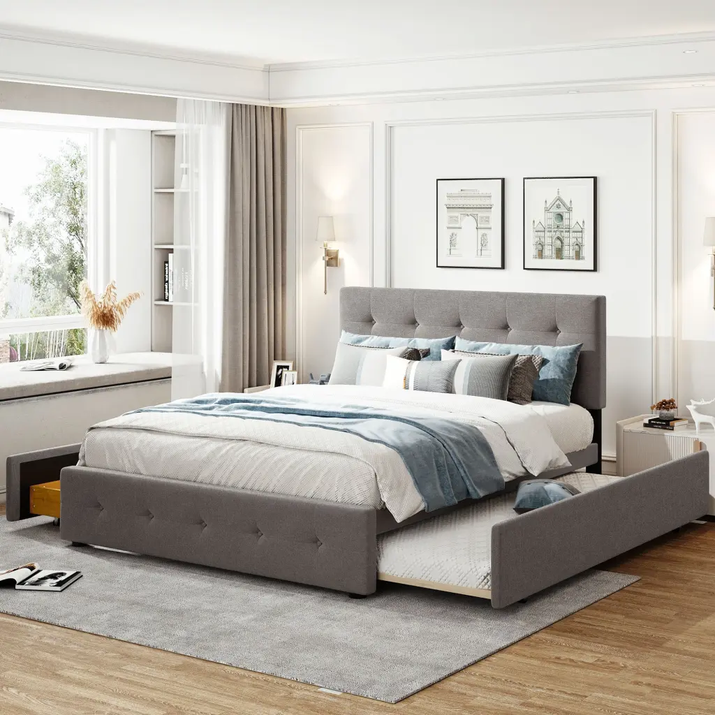 Upholstered Platform Bed 2 Drawers Twin XL Trundle Linen Fabric lucky furniture