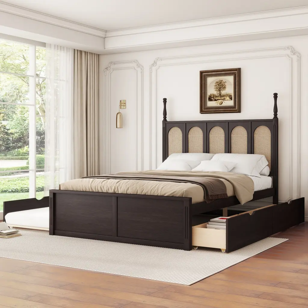 Queen Size Rattan Platform Bed 2 Big Drawers and Trundle Option lucky home