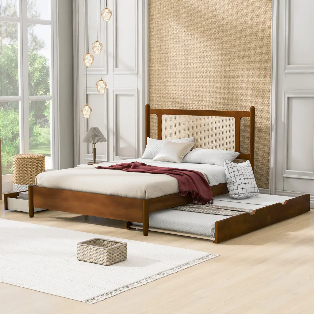 Queen Size Wooden Rattan Platform Bed 2 Big Drawers T Size Trunk lucky home