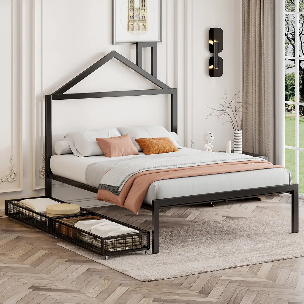 Full Size Metal Platform Bed Two Drawers and Houtilize Headboard lucky world
