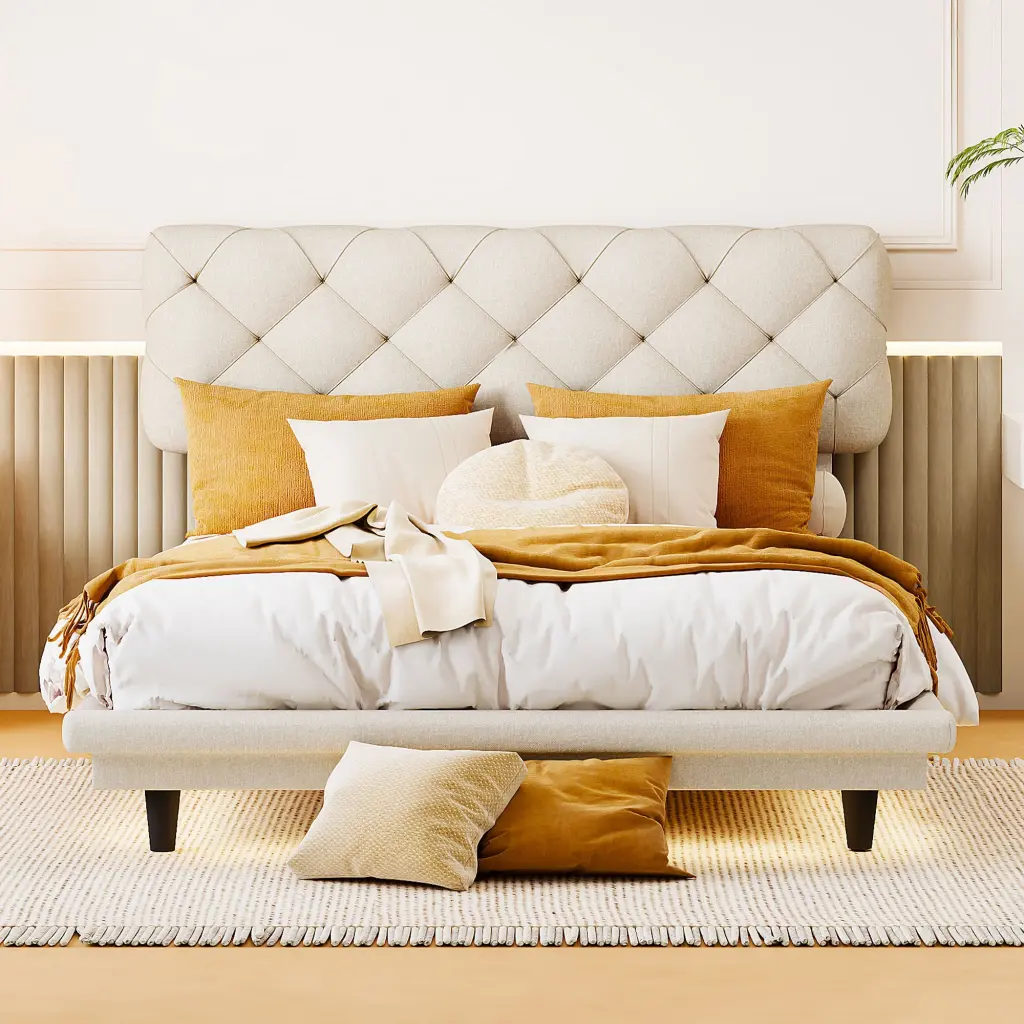 Full Size Upholstered Bed Light Stripe Floating Platform Bed lucky world