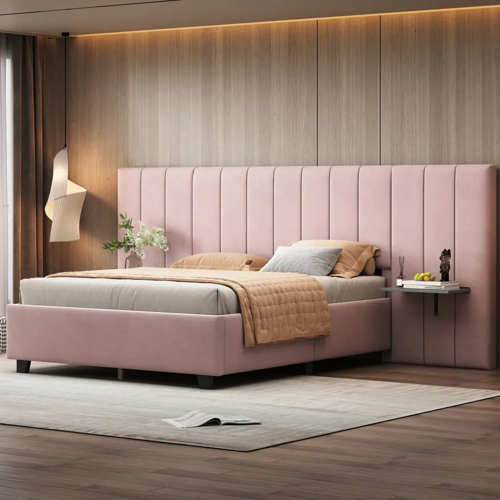 Full Size Upholstered Platform Bed Big Headboard Bedroom lucky world
