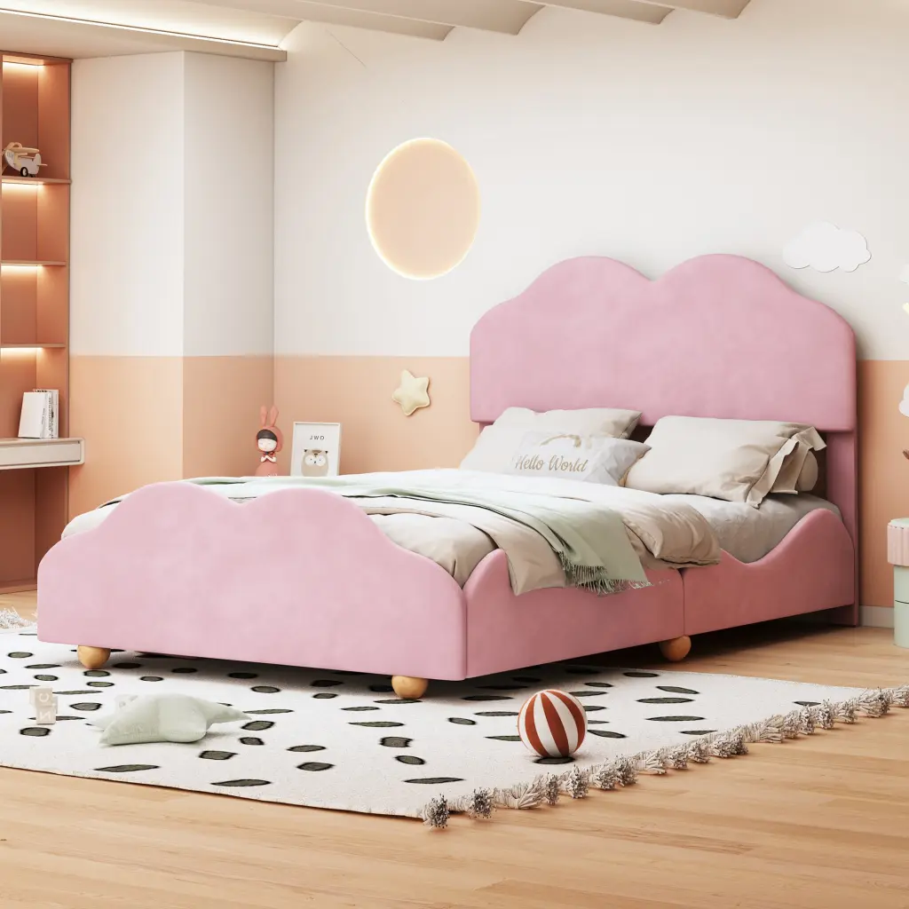 Full Size Upholstered Platform Bed Cloud Bed Board Light Grey lucky world