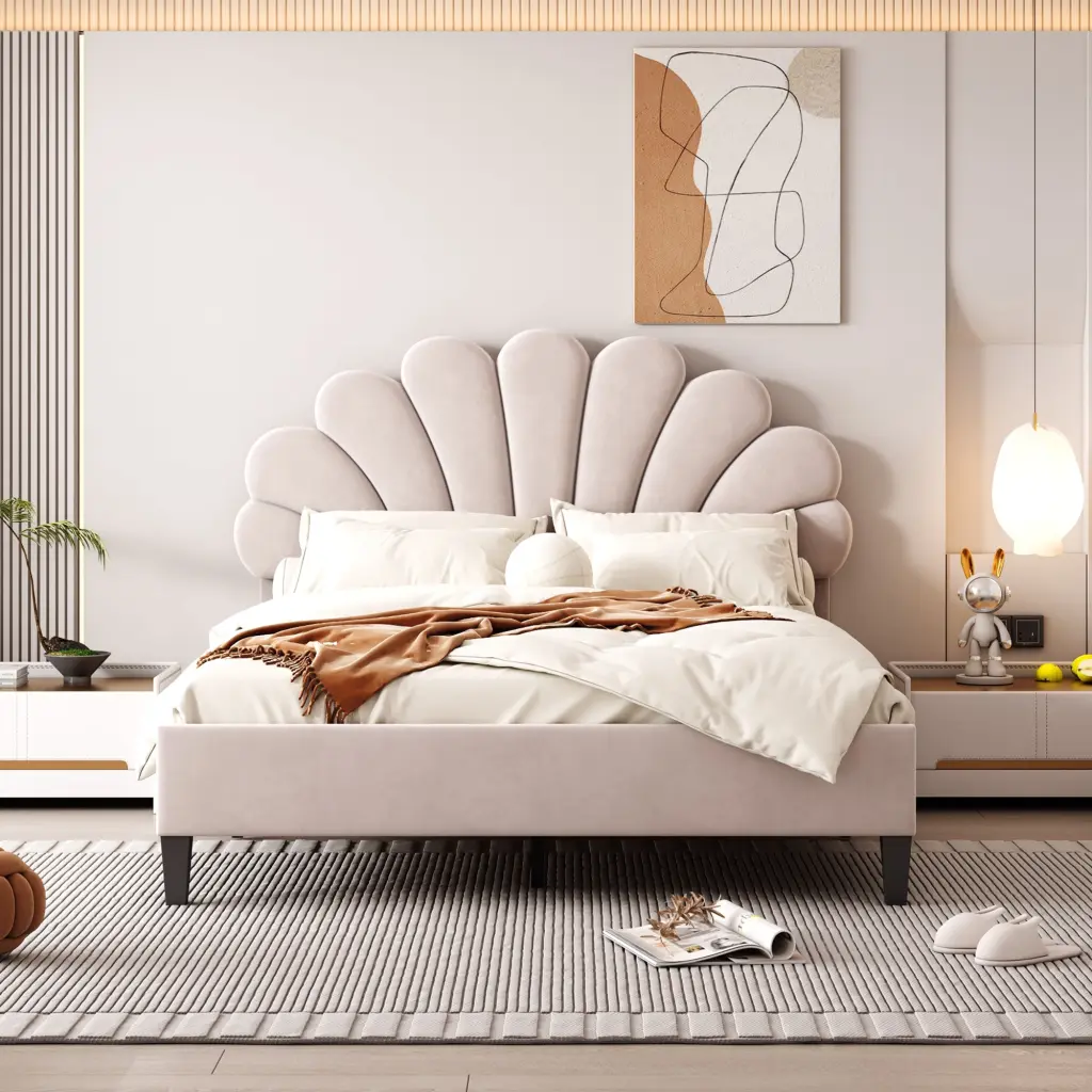 Full Size Upholstered Platform Bed Flower Pattern Velvet Headboard lucky world