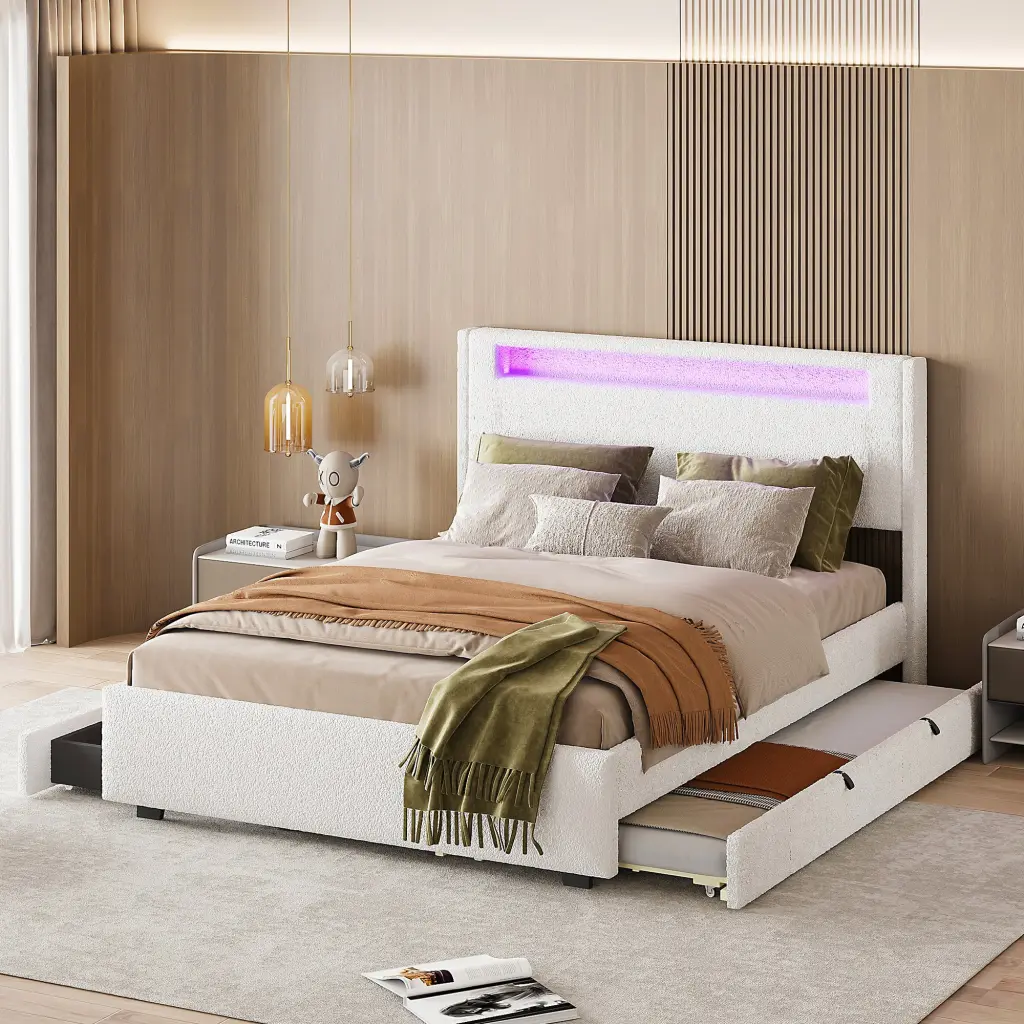 Full Size Upholstered Platform Bed LED Frame Twin Size Trundle lucky world