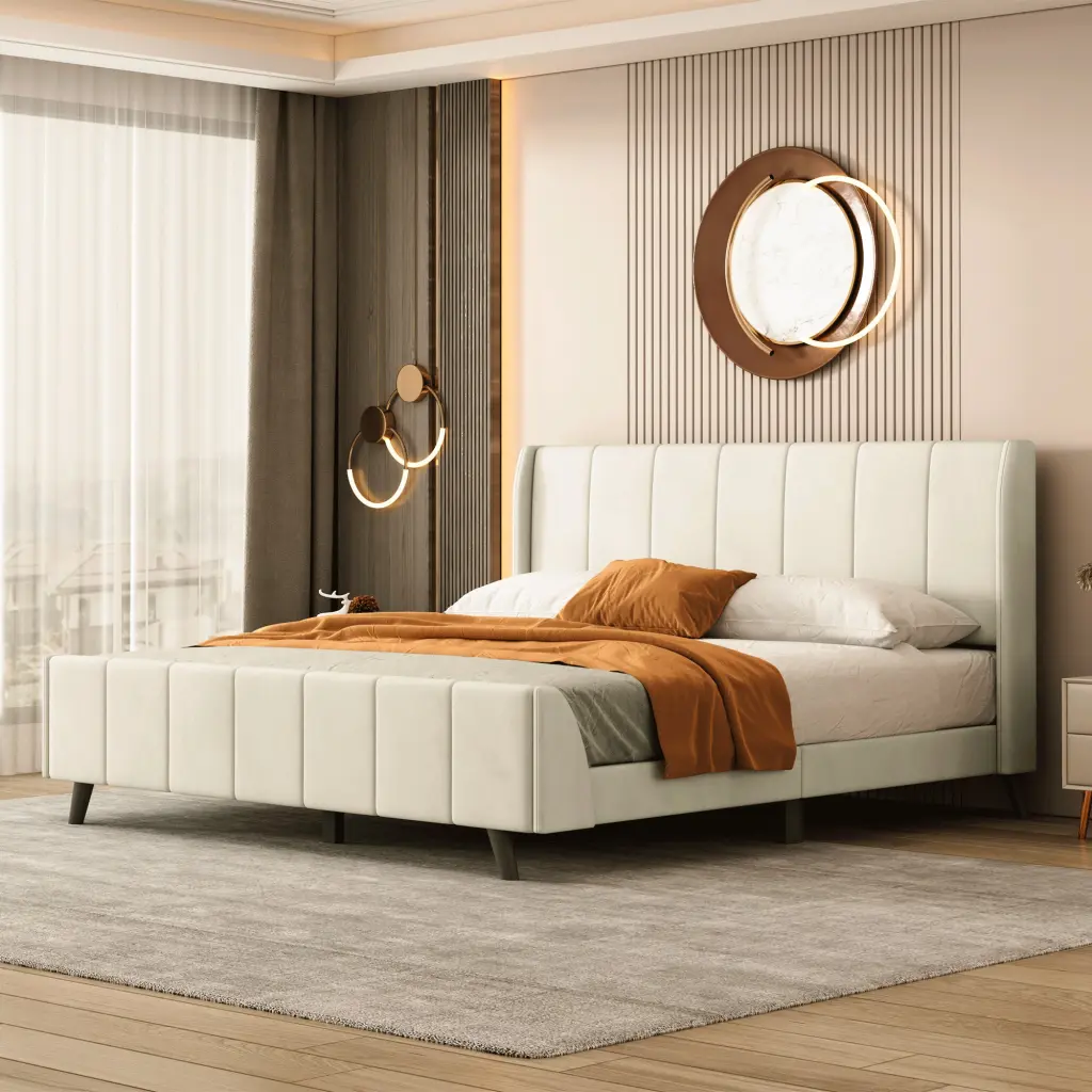 Queen Size Upholstered Platform Bed Beige Velvet Modern Bedroom lucky world