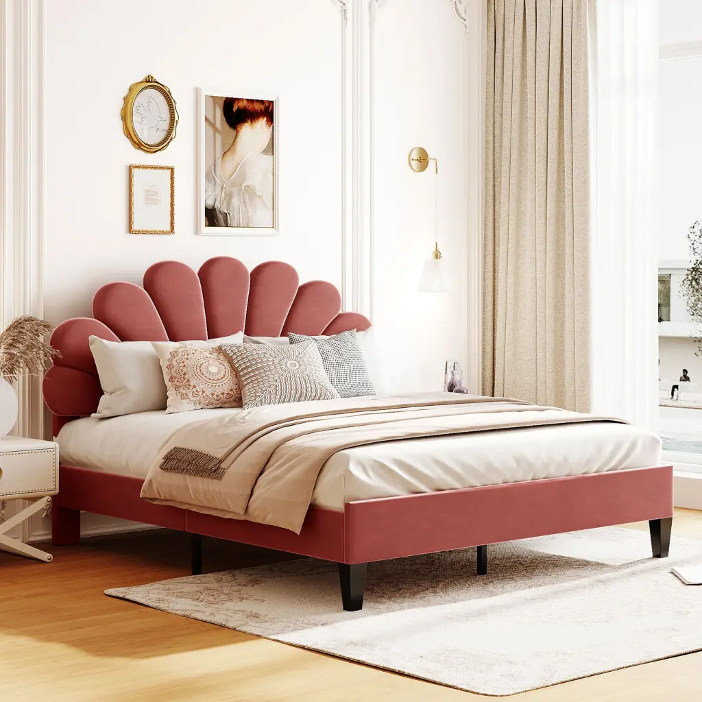 Queen Size Upholstered Platform Bed Flower Pattern Velvet Headboard lucky world