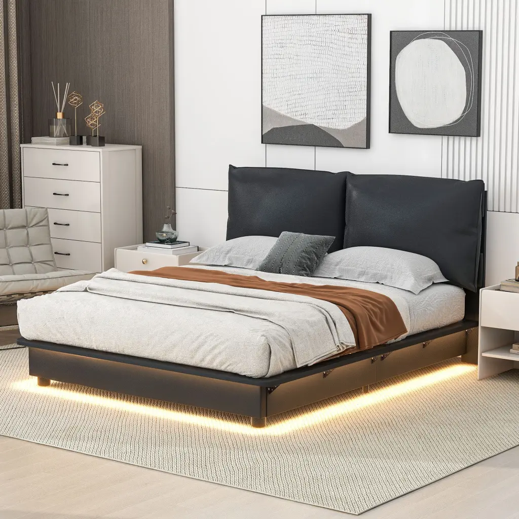 Queen Size Upholstered Platform Bed Sensor Light and Ergonomic Design lucky world