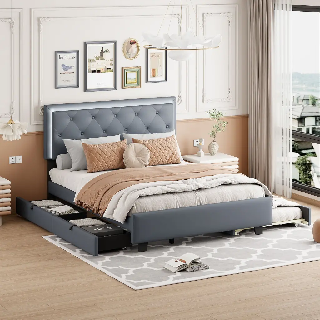 Queen Size Velvet Storage Platform Bed 2 Big Drawers Twin XL lucky world